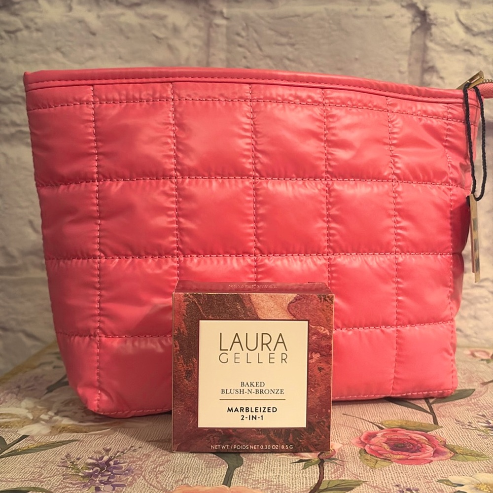 Beauty bundle💕pink puff cosmetic bag and Lauren Geller baked blush -n- bronze